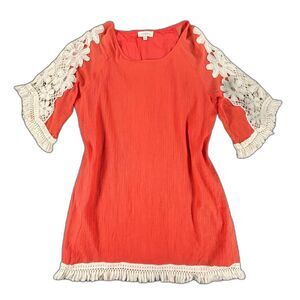 Umgee Boho Crochet Lace Fringe Tunic Dress 1XL Coral Orange Coral Cruise Resort